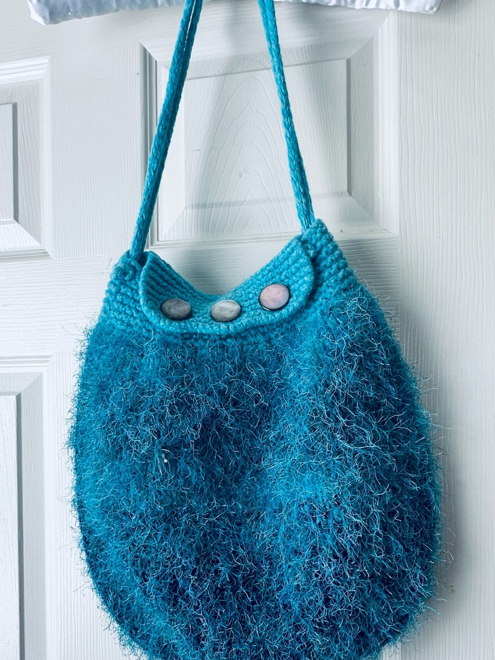 Handmade Fuzzy Teal Shoulder Bag with Button Accent